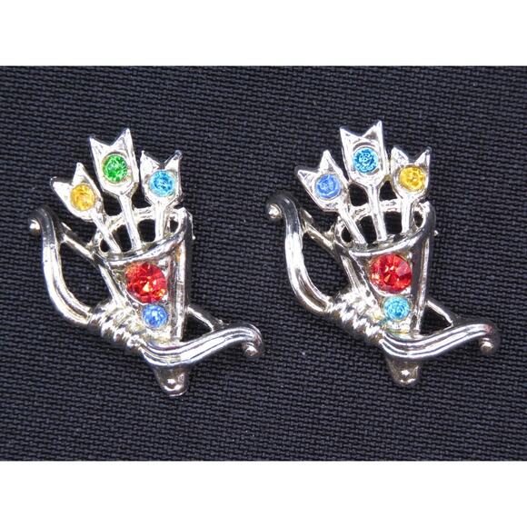 Vintage Brooch 2 Scatter Pins Bow and Arrow Silver Tone Rhinestone Cupids - Picture 1 of 6